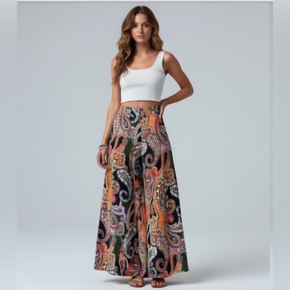 Paisley Print Wide Leg Pants Black - Picture 2 of 6